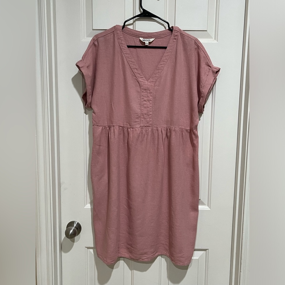 Briggs DUSTY Rose PINK LINEN BLEND V-NECK SHORT SLEEVE DRESS, WOMEN SIZE L